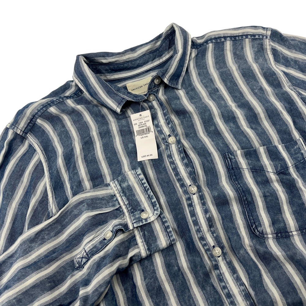 American Eagle Blue White Striped Boyfriend Fit Button Down Shirt XXL New w/ Tag